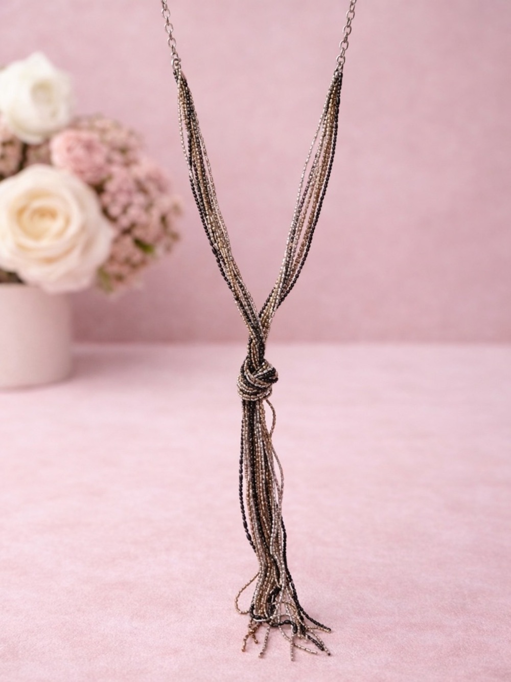 Multi-Strand Knotted Beaded Necklace - Black and Silver